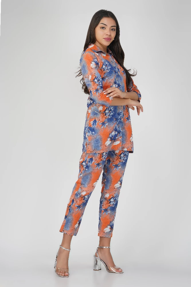 Blue with Orange Print Cotton Co-ord Set-2.webp